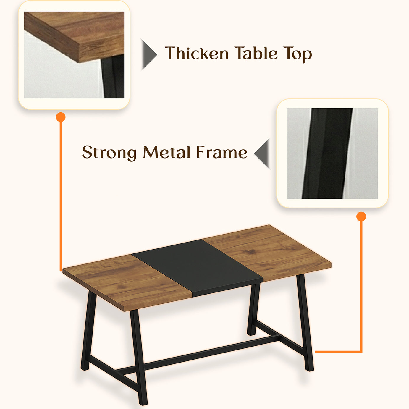 Klaxon Modern Dining Table for 6 Seater | Wooden Finish Dining Table with Sturdy Black Metal Legs | Contemporary Dining Table for Home, Kitchen & Dining Room