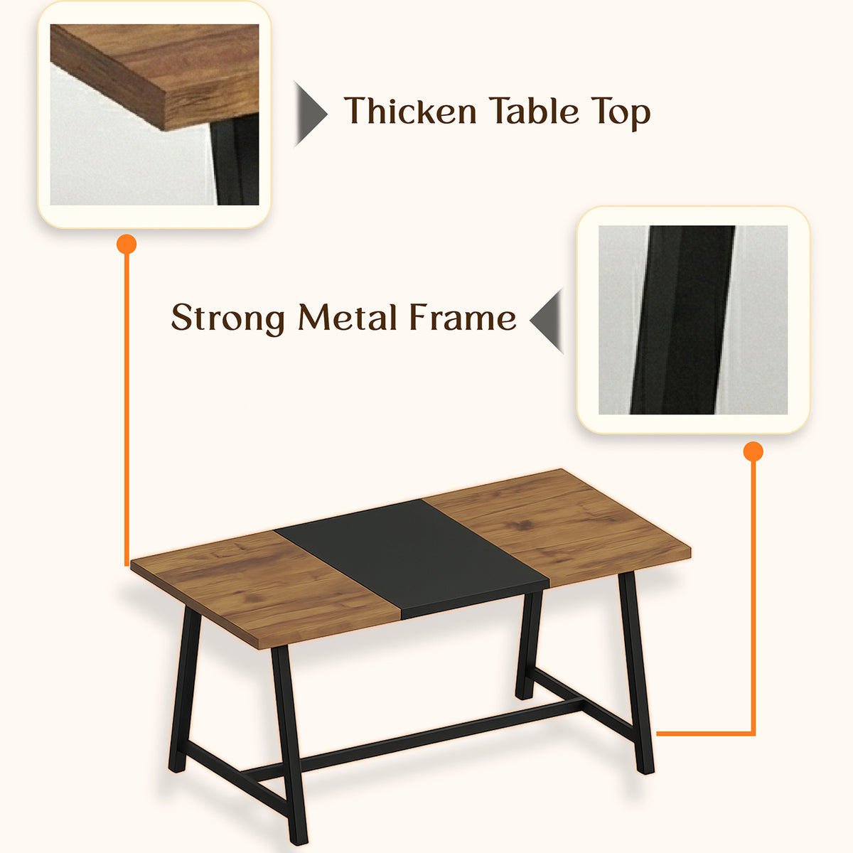 Klaxon Modern Dining Table for 6 Seater | Wooden Finish Dining Table with Sturdy Black Metal Legs | Contemporary Dining Table for Home, Kitchen & Dining Room