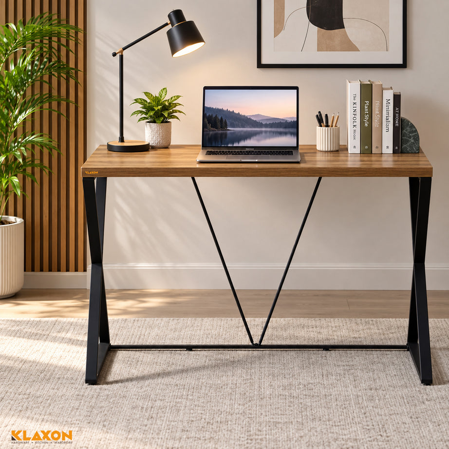 Klaxon Engineered Wood Iron Study Table, Multi-Usage Laptop Desk & Home Office (DIY Installation) (Forest Dark, Orbit) (Heli)