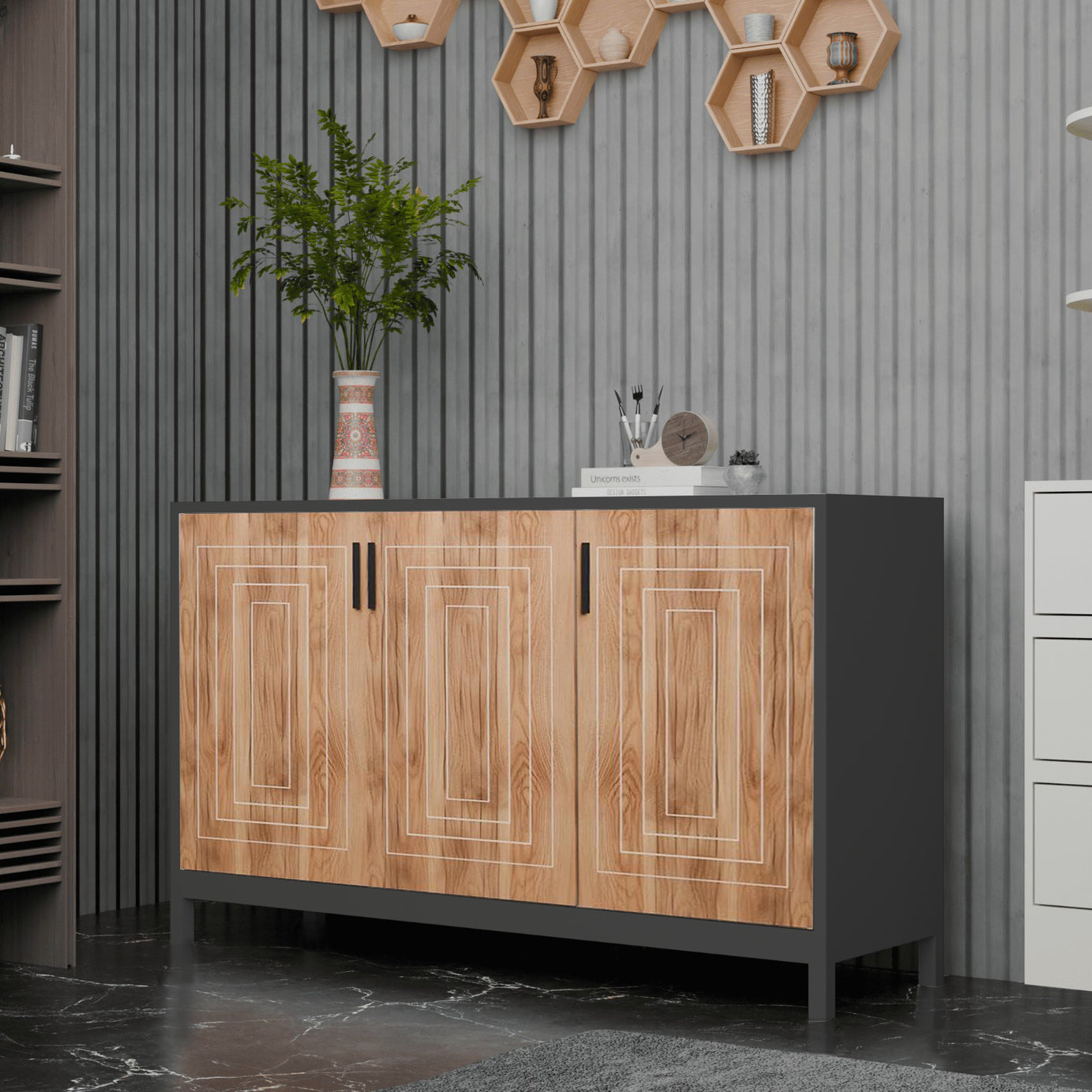Klaxon Modern Shoe Cabinet with Cane Doors | Stylish Wooden Shoe Rack Organizer with Multiple Storage Shelves for Home Entryway (Oak & Black, Shoe Rack - 06)