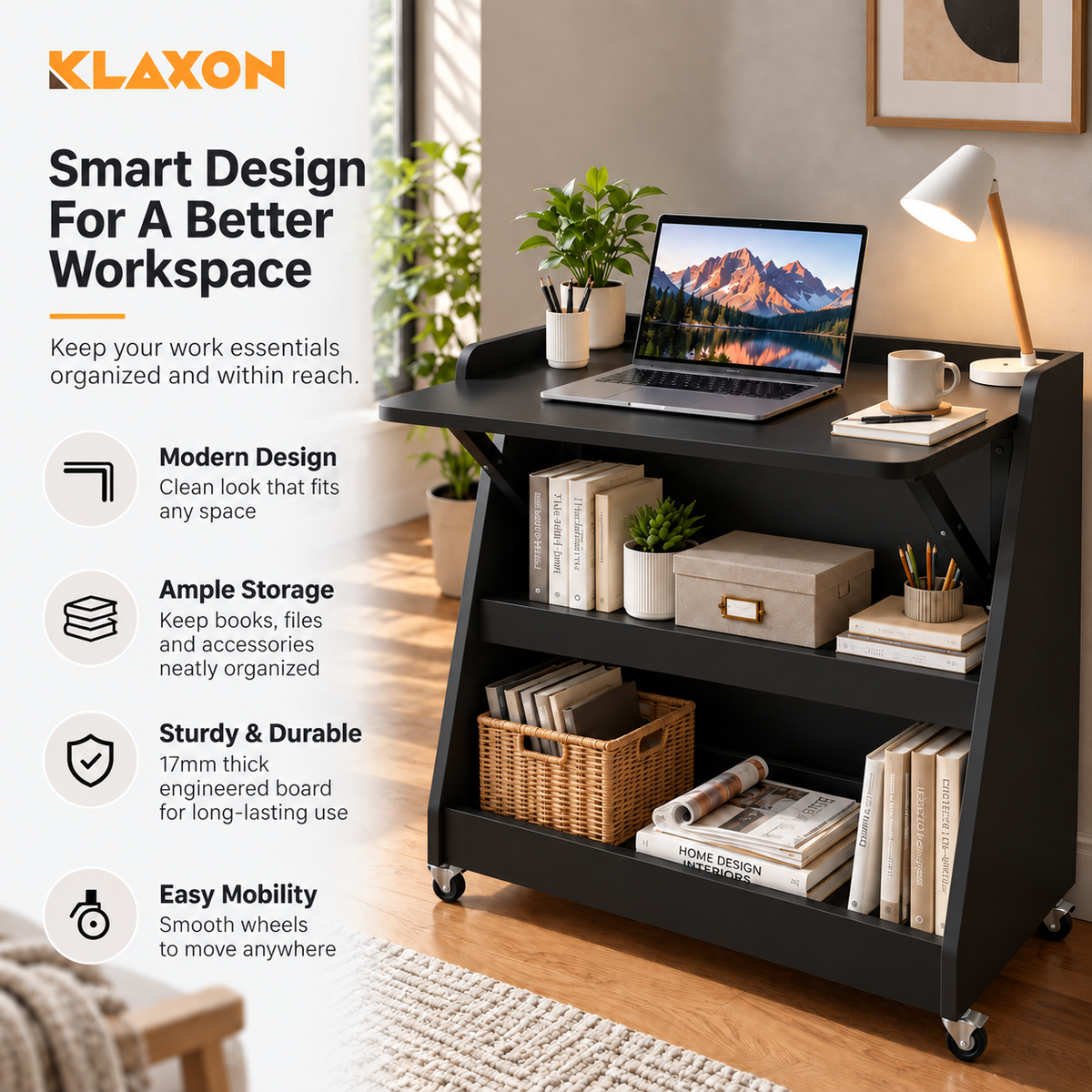 Klaxon Foldable Study Table with Drawer & Storage Shelf | Compact Desk for Home & Students | Folding Design with Lockable Wheels. (Black, DIY Installation) (Black- New, Mylo)