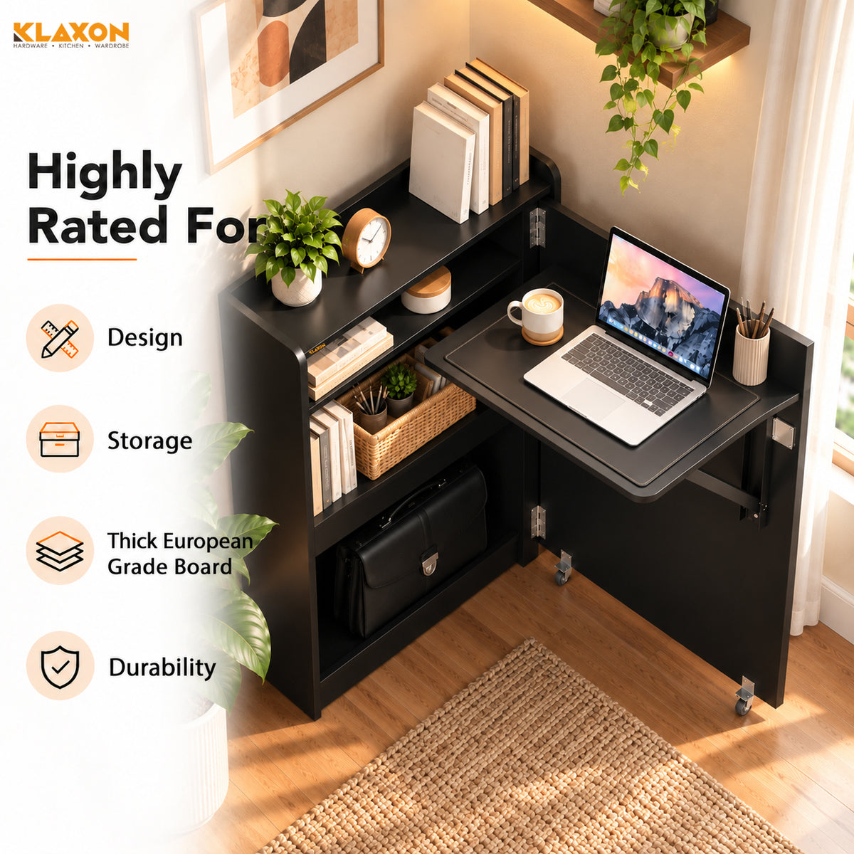 Klaxon Foldable Study Table with Drawer & Storage Shelf | Compact Desk for Home & Students | Folding Design with Lockable Wheels. (Black, DIY Installation)