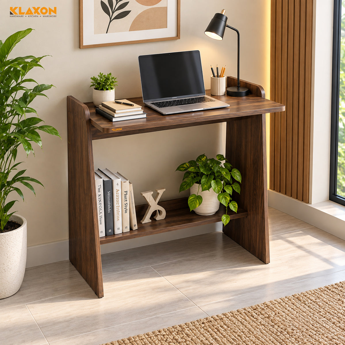 Klaxon Foldable Study Table with Drawer & Storage Shelf | Compact Desk for Home & Students | Folding Design with Lockable Wheels. (DIY Installation) (Asian walnut, Eros)