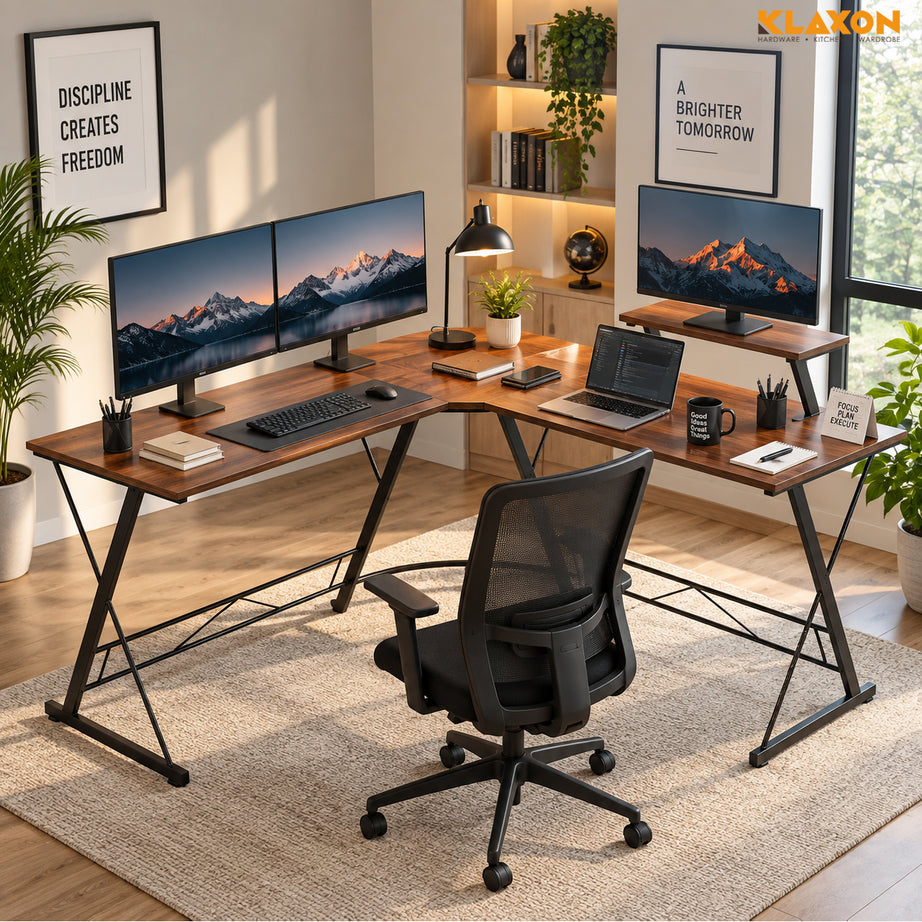 Klaxon Workstation Table for Home Office - Versatile Desk for PC Setup - Big Computer/Ideal Study Tabel with Storage and Bookshelf - Modern Office Desk for Work