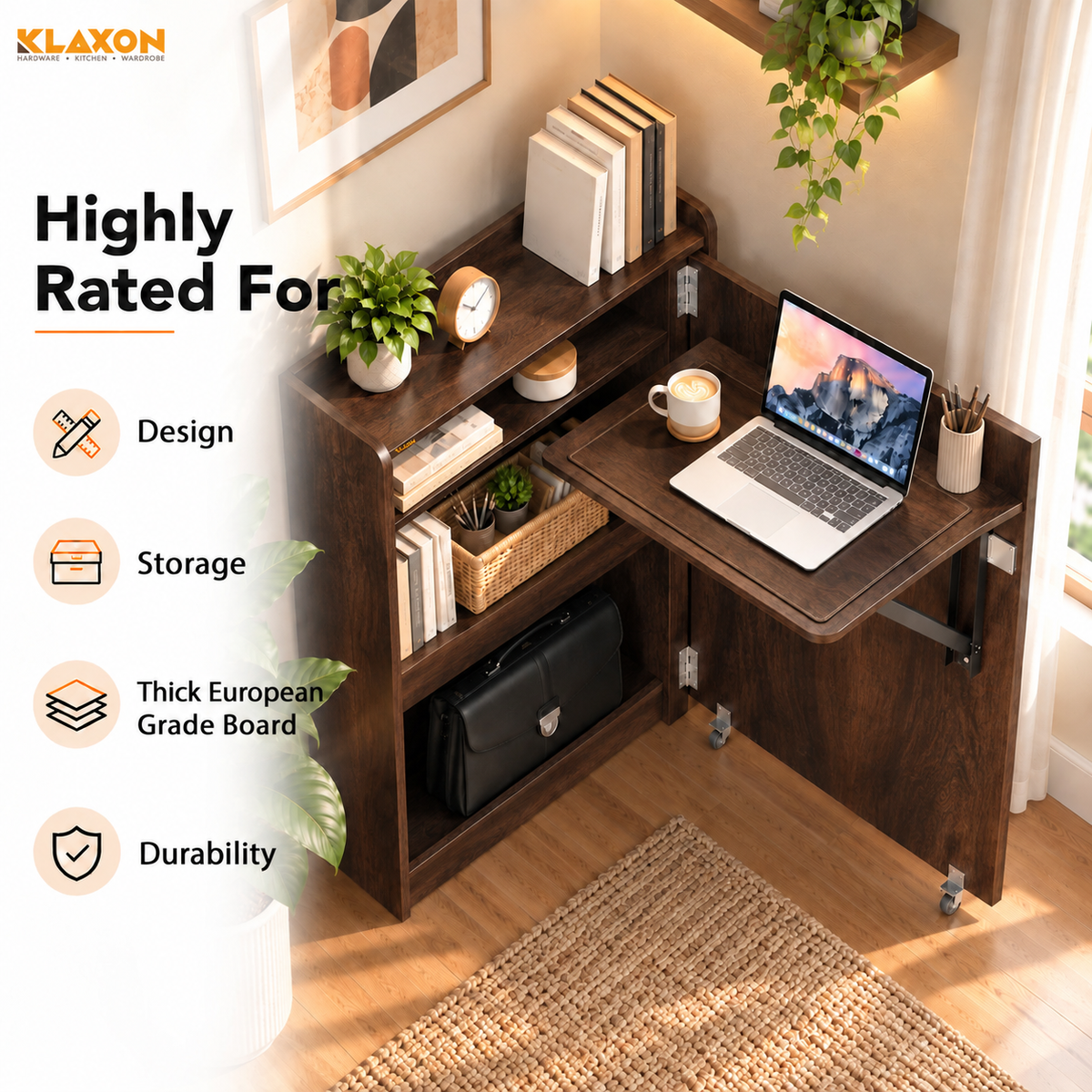 Klaxon Foldable Study Table with Drawer & Storage Shelf | Compact Desk for Home & Students | Folding Design with Lockable Wheels. (DIY Installation) (Asian walnut)