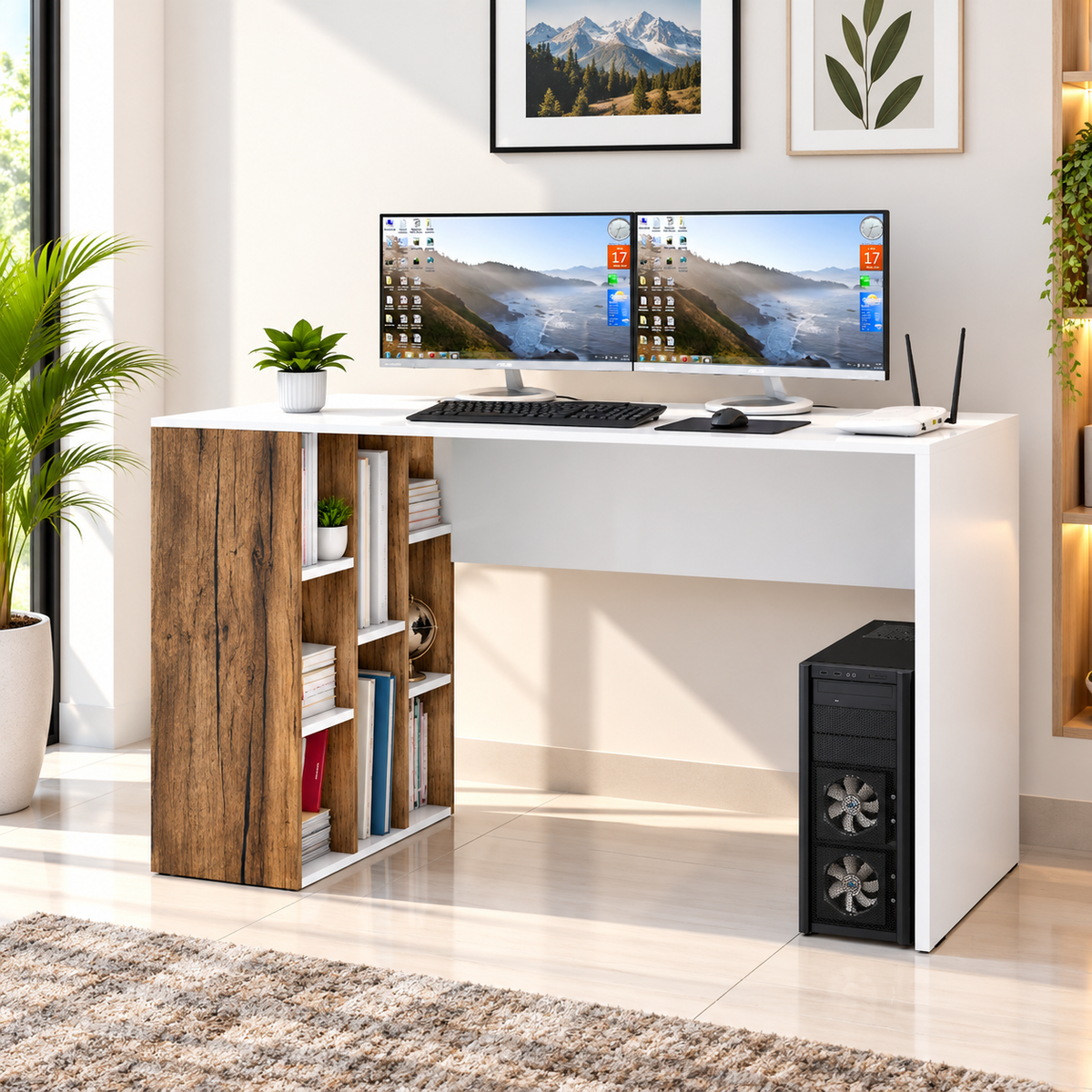 KLAXON Computer Table & Study Desk for Home & Office | Modern Forest Dark & White  Engineered Wood Desk with Side Storage Shelves | Multipurpose PC Table, Writing Desk & Workstation