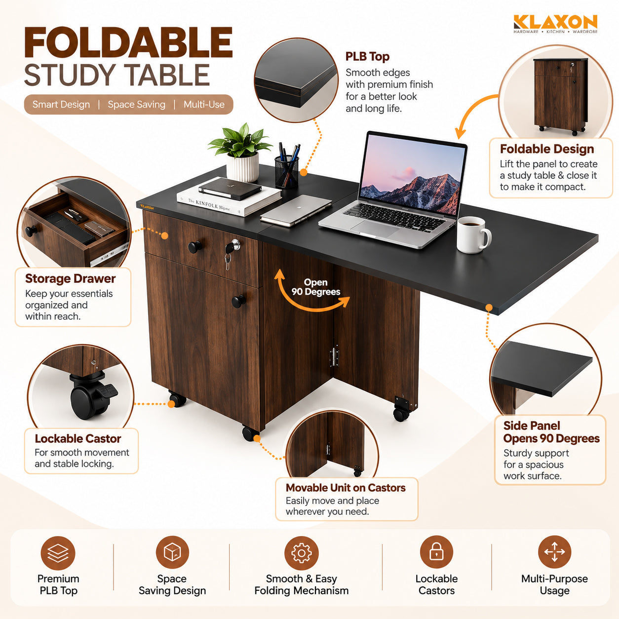 KLAXON Kora Foldable Study Table – AW & Black Storage Shelves & Wheels ...
