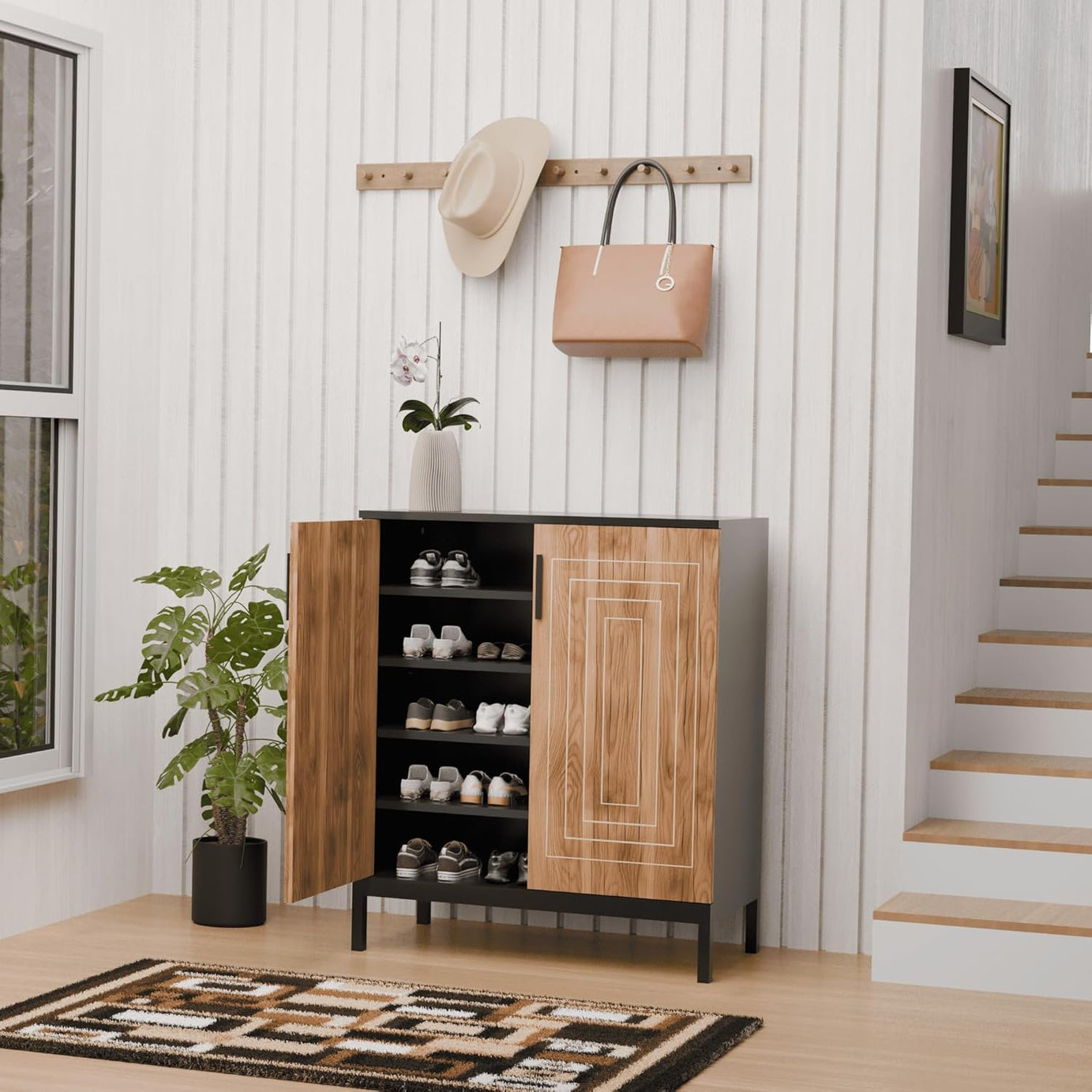 KLAXON Cane-Door Shoe Cabinet – Oak & Black