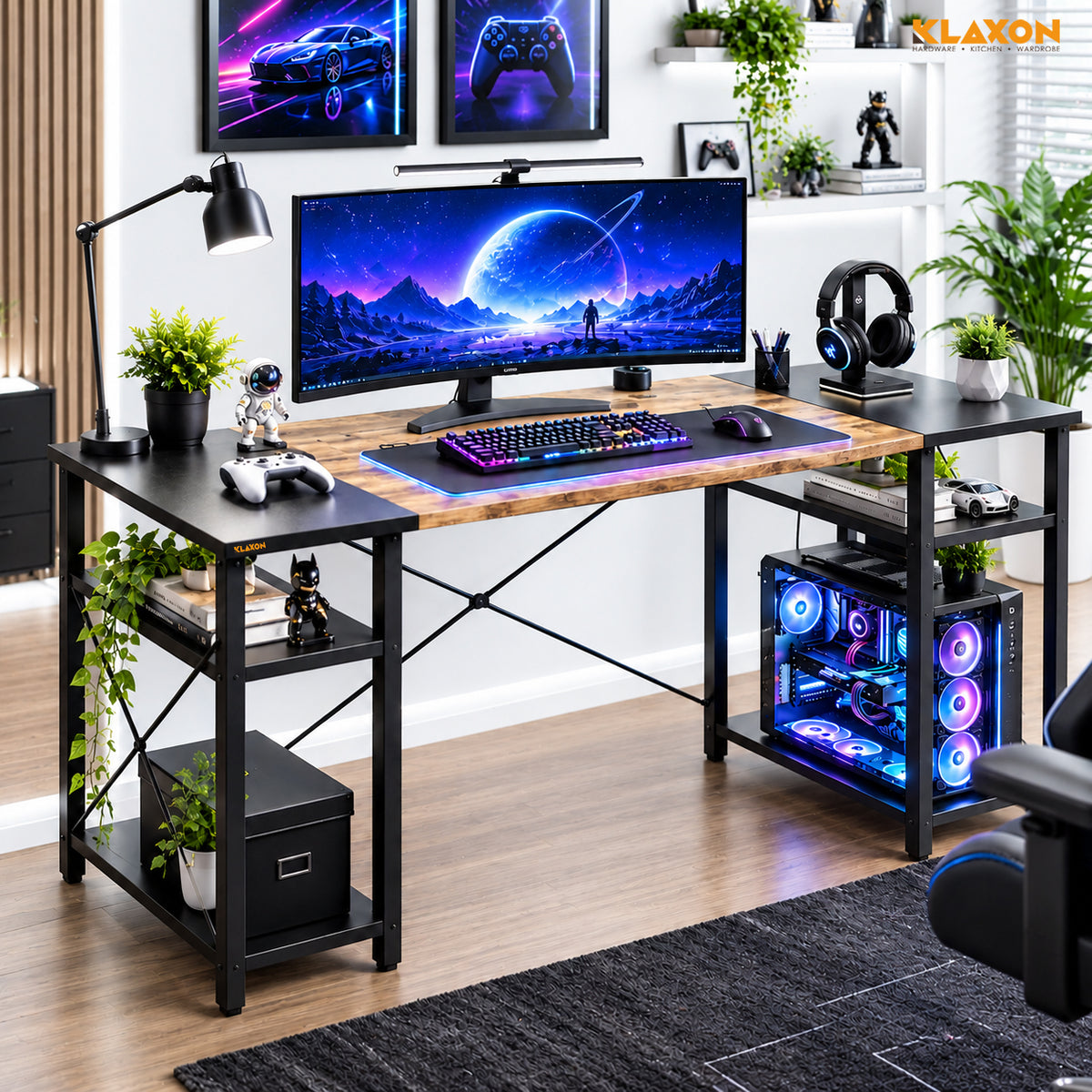 Klaxon Engineered Wood Iron Study Table, Multi-Usage Laptop Desk & Home Office (DIY Installation) (Forest Dark, Orbit) (Elite)