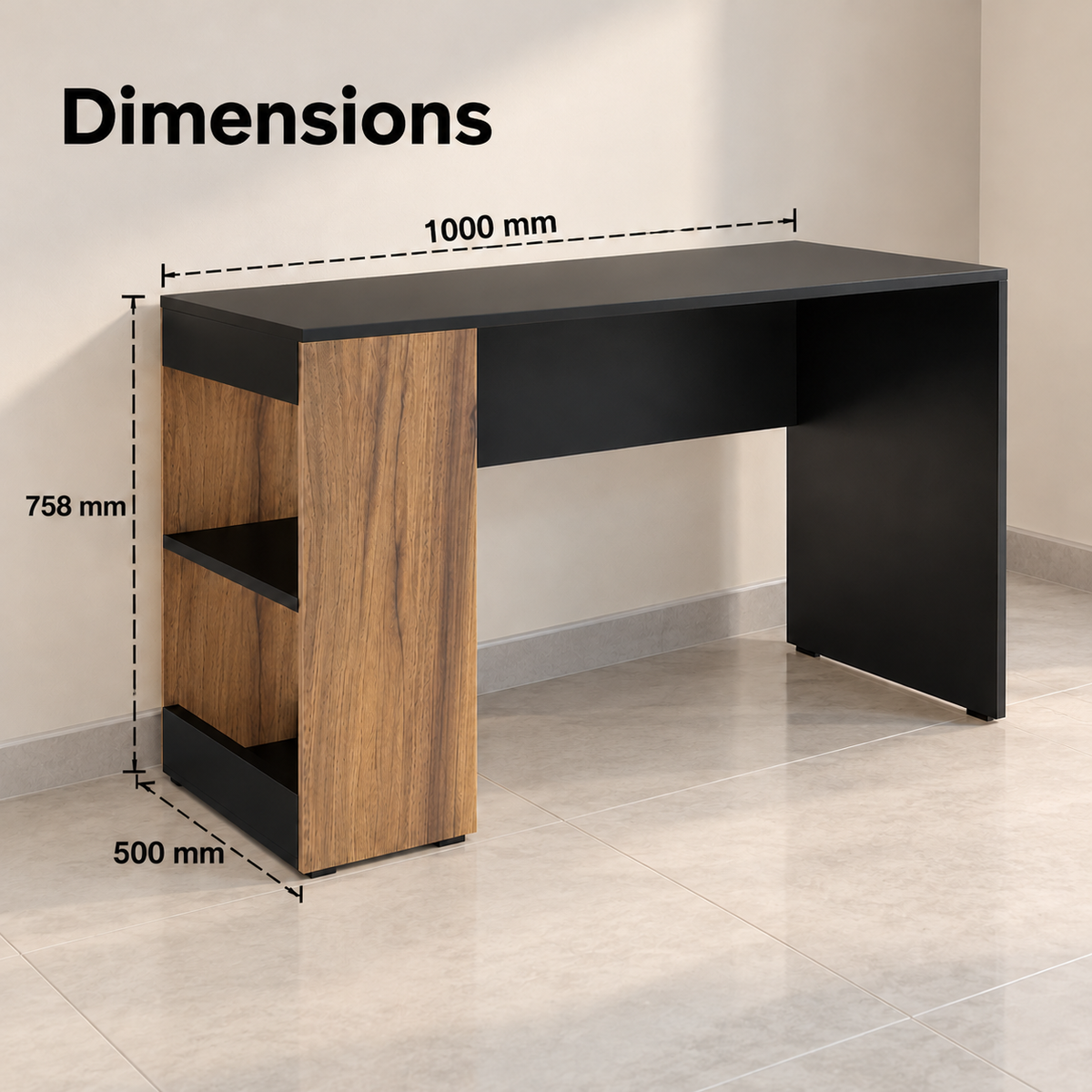 KLAXON Computer Table & Study Desk for Home & Office | Modern Black & Asian Walnut Engineered Wood Desk with Side Bookshelf & Storage Shelves | Multipurpose Laptop Table, Writing Desk & Workstation