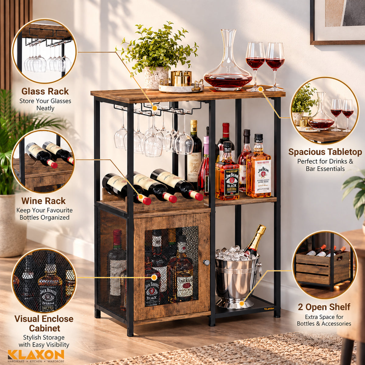 Klaxon Bar Cabinet for Home - Stylish Home Bar Cabinet with Elegant Serving Surface - Durable Bar Unit for Living Room - Spacious Shelves for Bottles & Glasses - Perfect Bar Counter/Table (xylo)