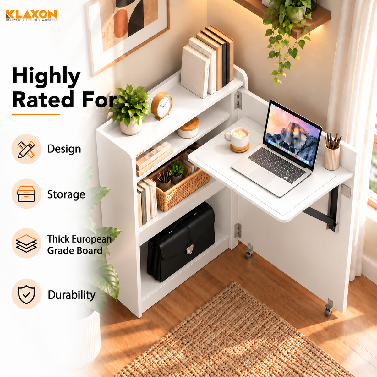 Klaxon Foldable Study Table with Drawer & Storage Shelf | Compact Desk for Home & Students | Folding Design with Lockable Wheels. (White, DIY Installation)