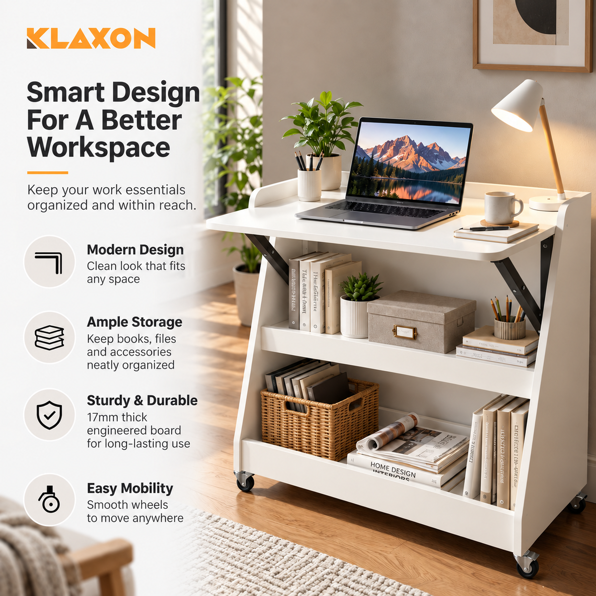 Klaxon Foldable Study Table with Drawer & Storage Shelf | Compact Desk for Home & Students | Folding Design with Lockable Wheels (DIY Installation) (White, Mylo)
