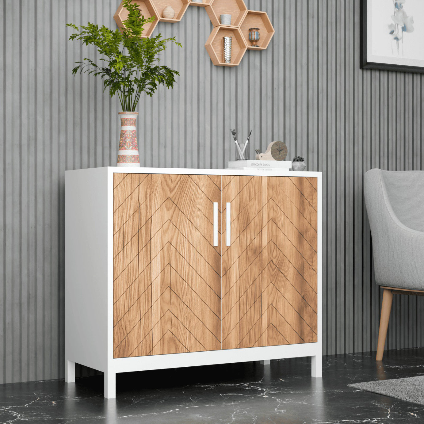 Klaxon Modern Shoe Cabinet with Cane Doors | Stylish Wooden Shoe Rack Organizer with Multiple Storage Shelves for Home Entryway (Oak & White, Shoe Rack - 05)