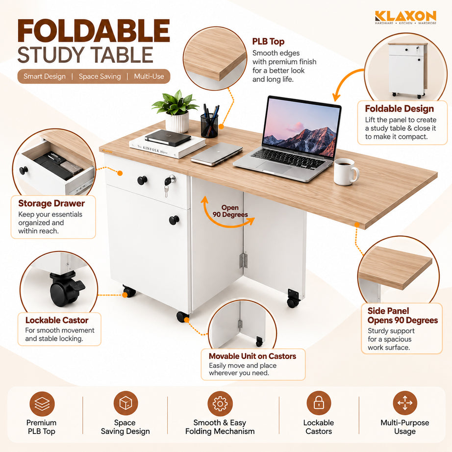 KLAXON Kora Foldable Study Table with Drawer & Storage