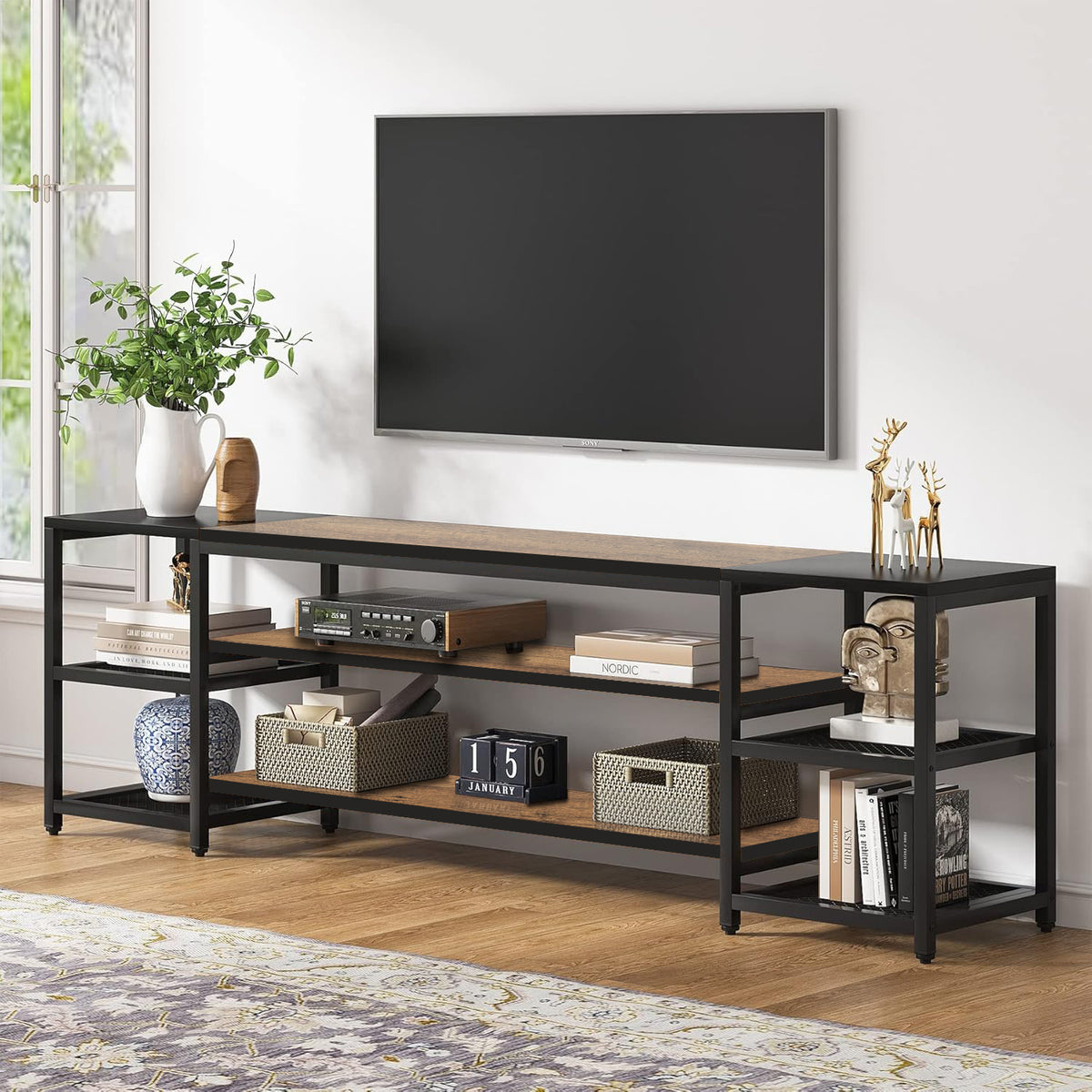 Klaxon TV Unit for Living Room | Long Metal TV wooden Stand for 55 inch and 43 inch | Entertainment unit for TVs up to 85 Inch | Tv Cabinet with Setup box (pele)