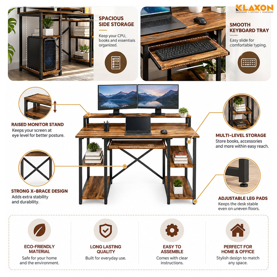 Klaxon Computer Table for Home Office with Keyboard Tray and Monitor Stand, Engineered Wood Study Table and Gaming Desk with Storage Shelves (150 CM - FD DIY)