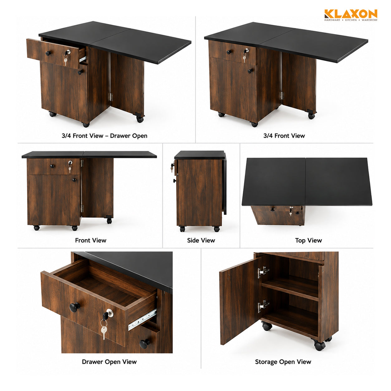 KLAXON Kora Foldable Study Table – AW & Black Storage Shelves & Wheels ...