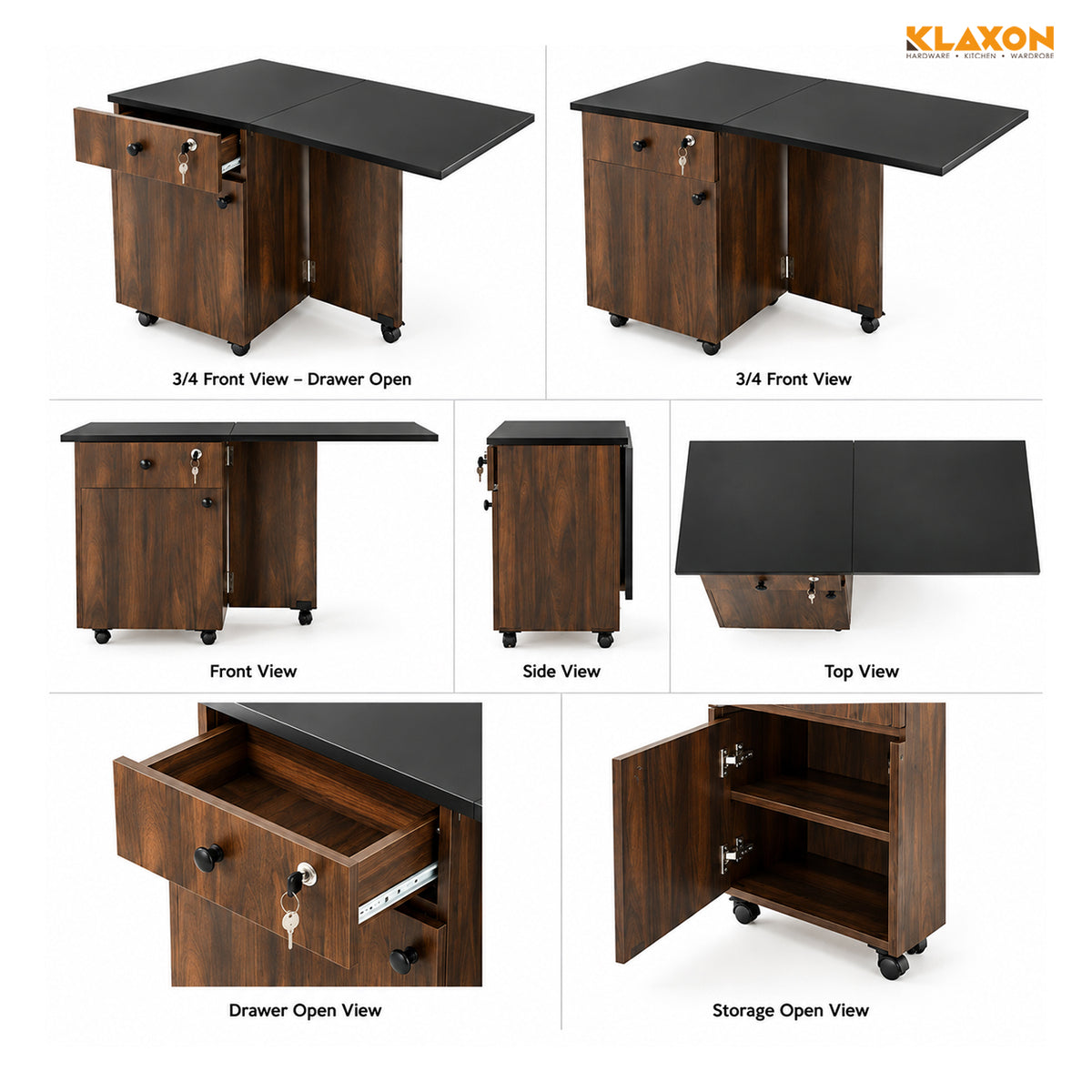 Klaxon Foldable Study Table with Drawer & Storage Shelf | Compact Desk for Home & Students | Folding Design with Lockable Wheels. (DIY Installation) (Aw & Black, Kora)