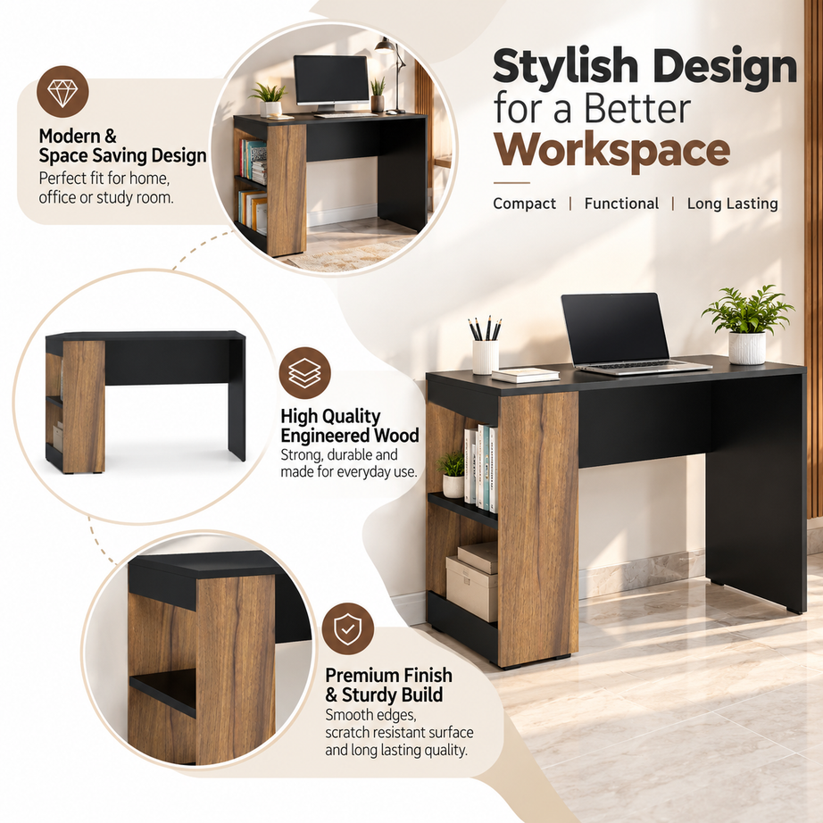 
KLAXON Computer Table & Study Desk for Home & Office | Modern Black & Asian Walnut Engineered Wood Desk with Side Bookshelf & Storage Shelves | Multipurpose Laptop Table, Writing Desk & Workstation