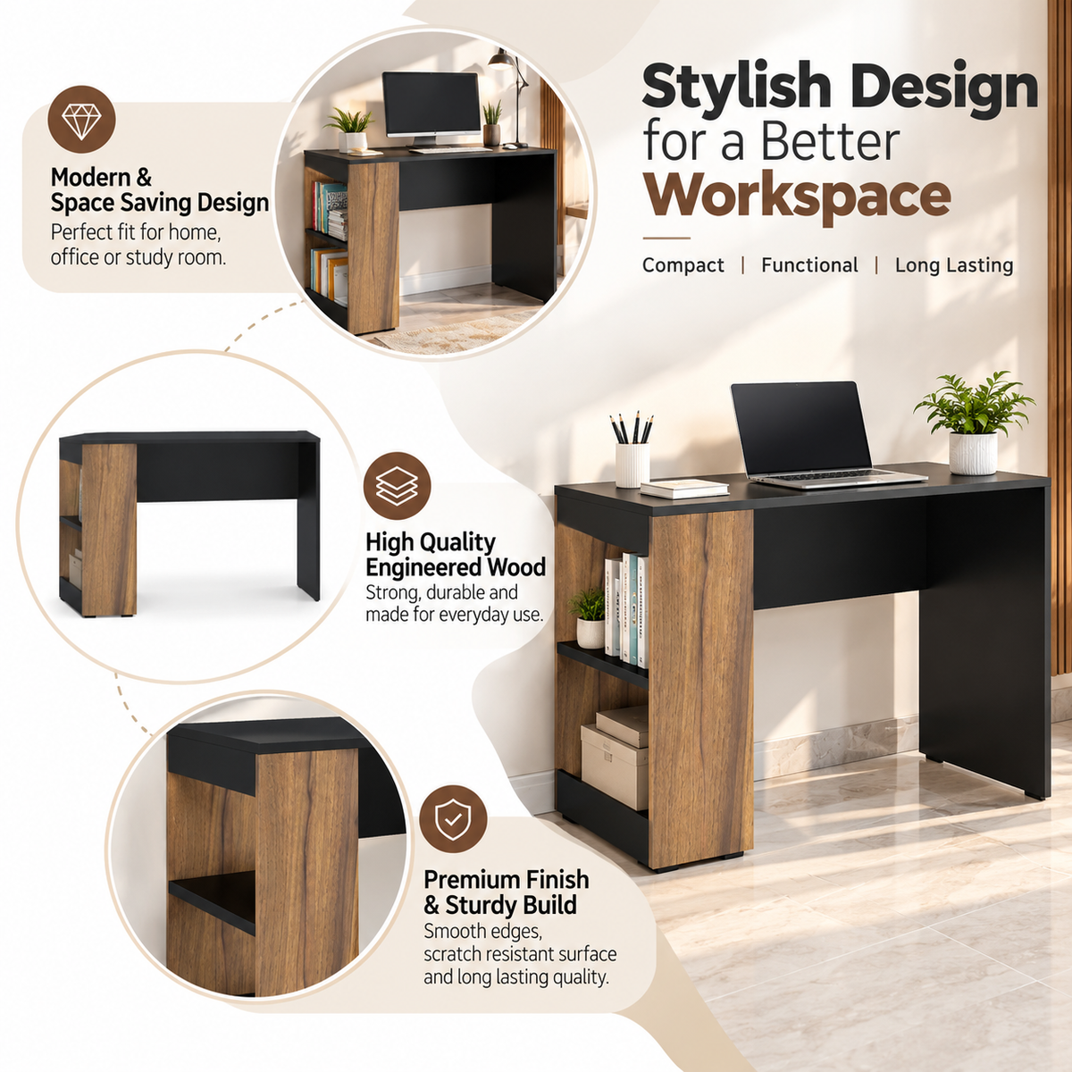 KLAXON Computer Table & Study Desk for Home & Office | Modern Black & Asian Walnut Engineered Wood Desk with Side Bookshelf & Storage Shelves | Multipurpose Laptop Table, Writing Desk & Workstation