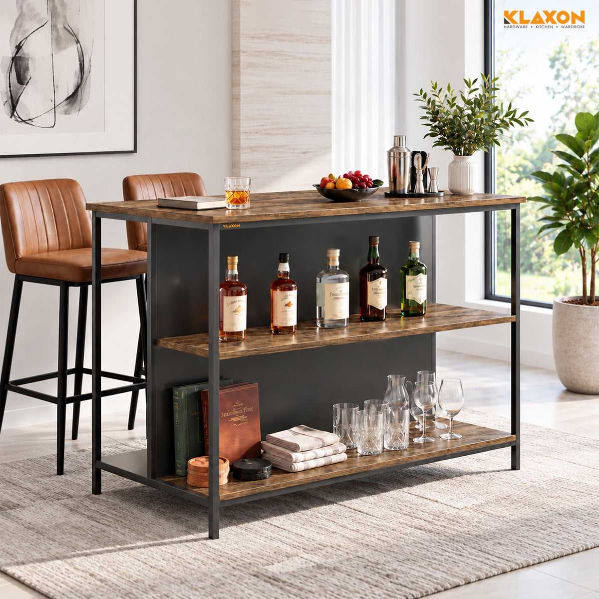 Klaxon Modern Bar Table with Foldable Wine Rack, Counter Height Pub Bistro Table for Kitchen & Dining Area, Forest Dark (DIY Installation)