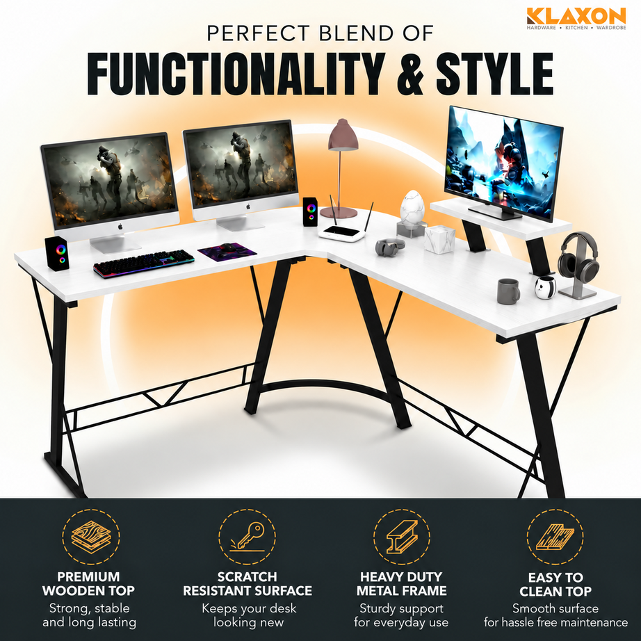 Klaxon Office Table for Home | Workstation Table Desk (White - Christo) (Gaming Ironstone White DIY)