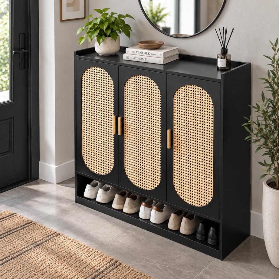 Klaxon Modern Shoe Cabinet with Cane Doors | Stylish Wooden Shoe Rack Organizer with Multiple Storage Shelves for Home Entryway (Black, Shoe Rack - 08)