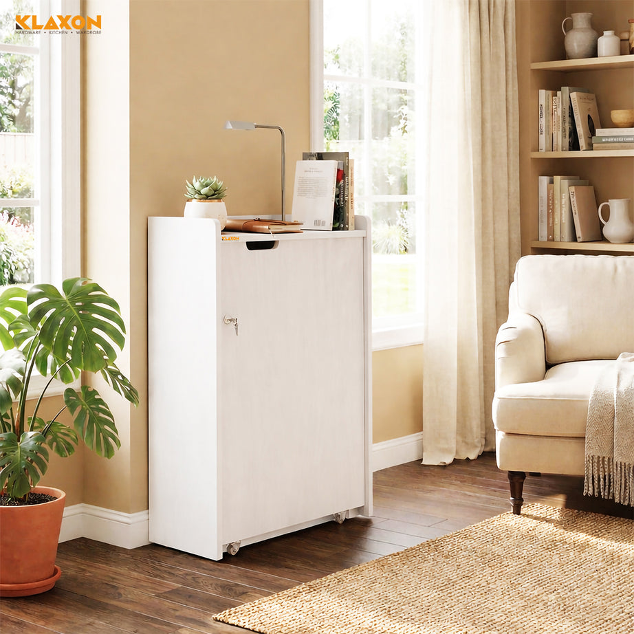 Klaxon Foldable Study Table with Drawer & Storage Shelf | Compact Desk for Home & Students | Folding Design with Lockable Wheels. (White, DIY Installation)