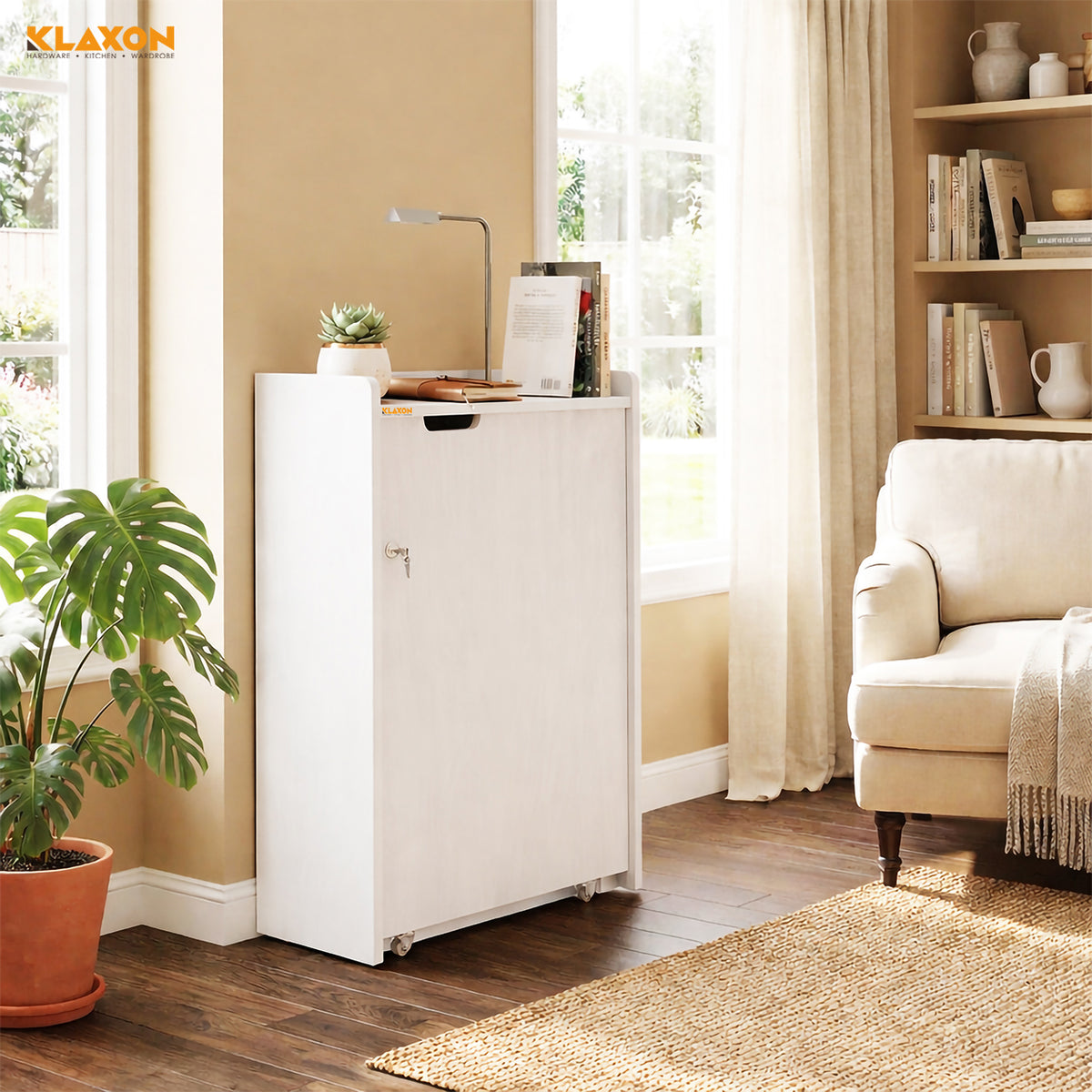 Klaxon Foldable Study Table with Drawer & Storage Shelf | Compact Desk for Home & Students | Folding Design with Lockable Wheels. (White, DIY Installation)