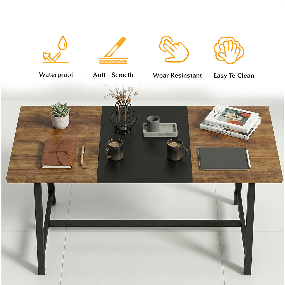 Klaxon Modern Dining Table for 6 Seater | Wooden Finish Dining Table with Sturdy Black Metal Legs | Contemporary Dining Table for Home, Kitchen & Dining Room