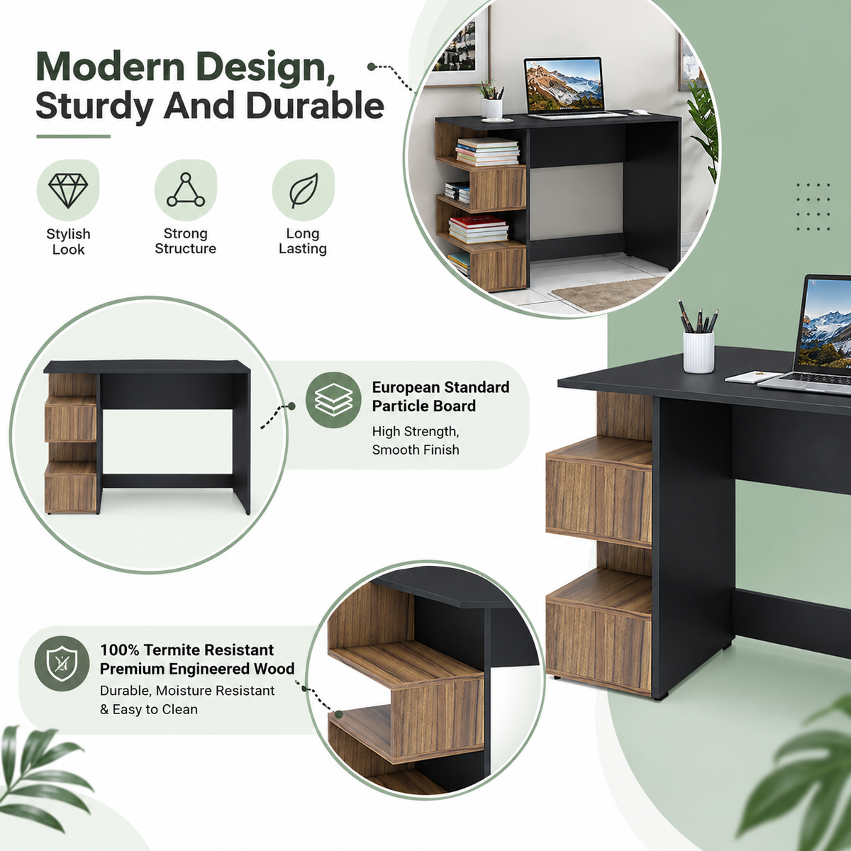 KLAXON Computer Table & Study Desk for Home & Office | Modern Black & Asian Walnut Engineered Wood Laptop Table with 4-Tier Open Bookshelf | Multipurpose Writing Desk & Workstation with Storage