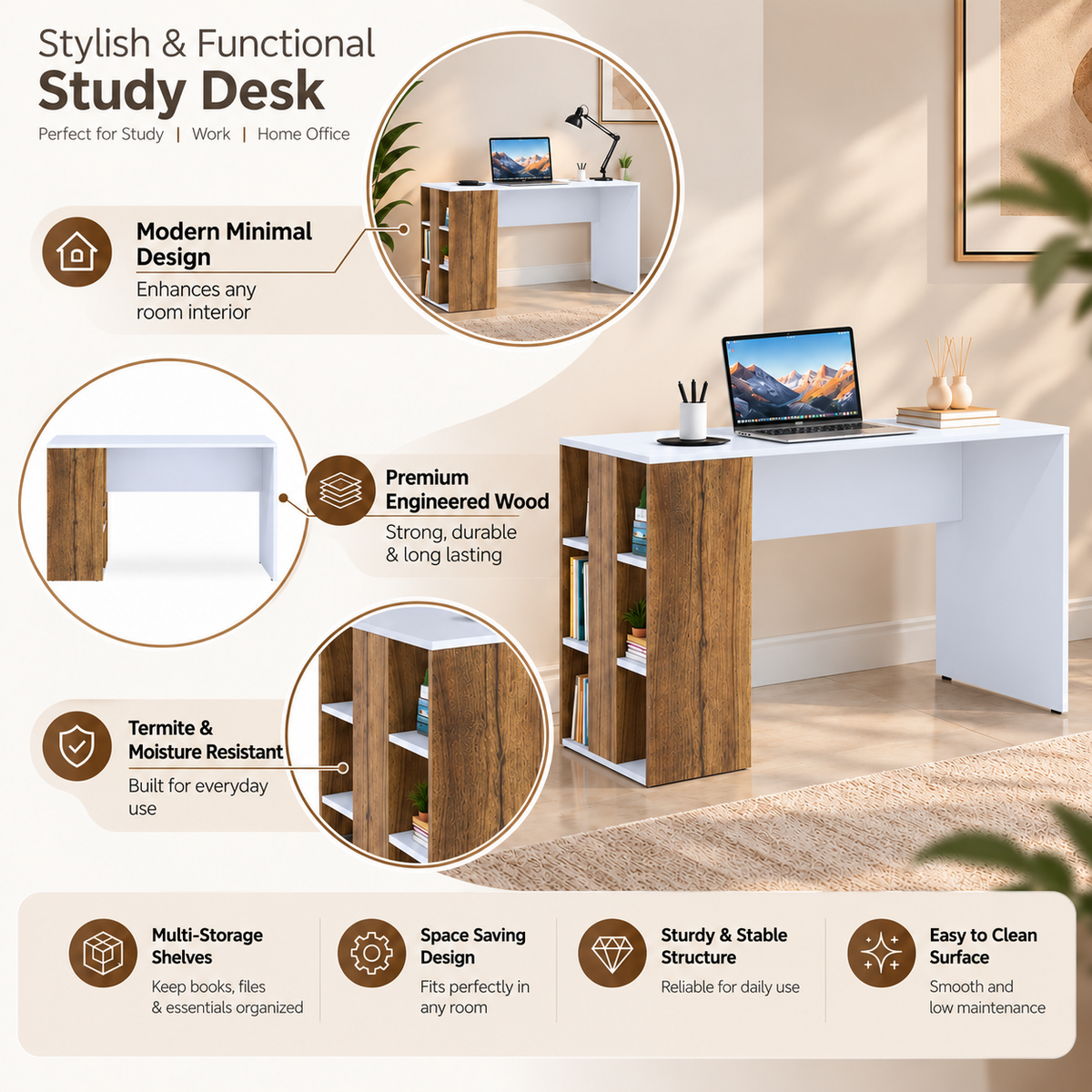 KLAXON Computer Table & Study Desk for Home & Office | Modern Forest Dark & White  Engineered Wood Desk with Side Storage Shelves | Multipurpose PC Table, Writing Desk & Workstation