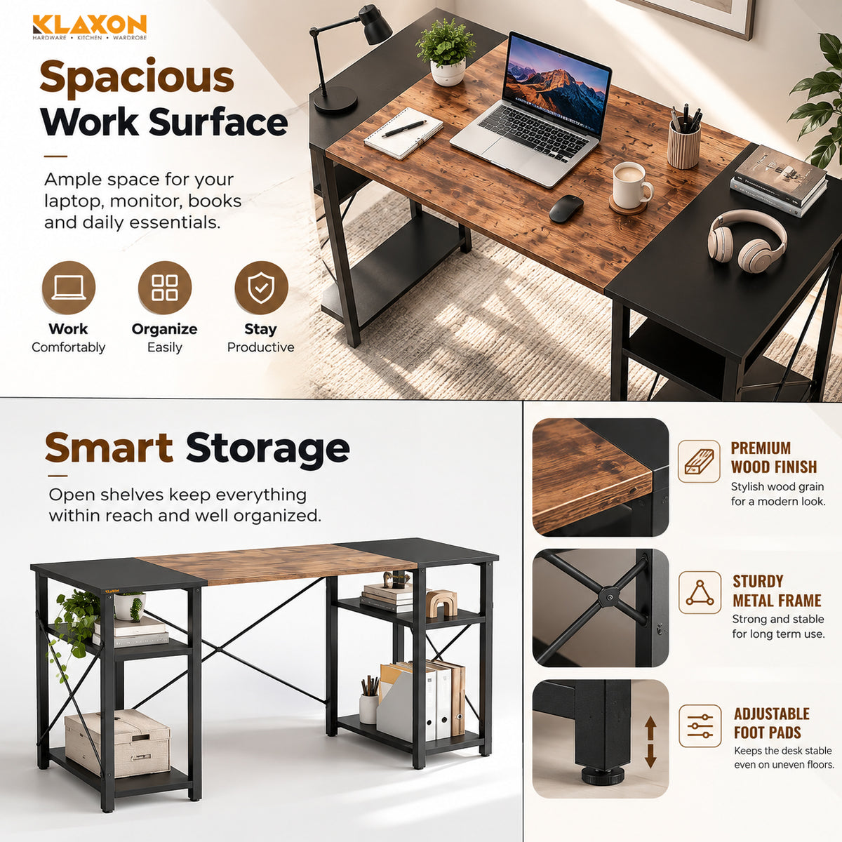 Klaxon Engineered Wood Iron Study Table, Multi-Usage Laptop Desk & Home Office (DIY Installation) (Forest Dark, Orbit) (Elite)