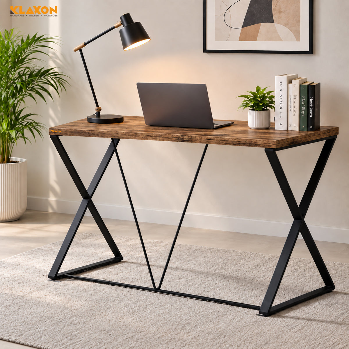 Klaxon Engineered Wood Iron Study Table, Multi-Usage Laptop Desk & Home Office (DIY Installation) (Forest Dark, Orbit) (Heli)