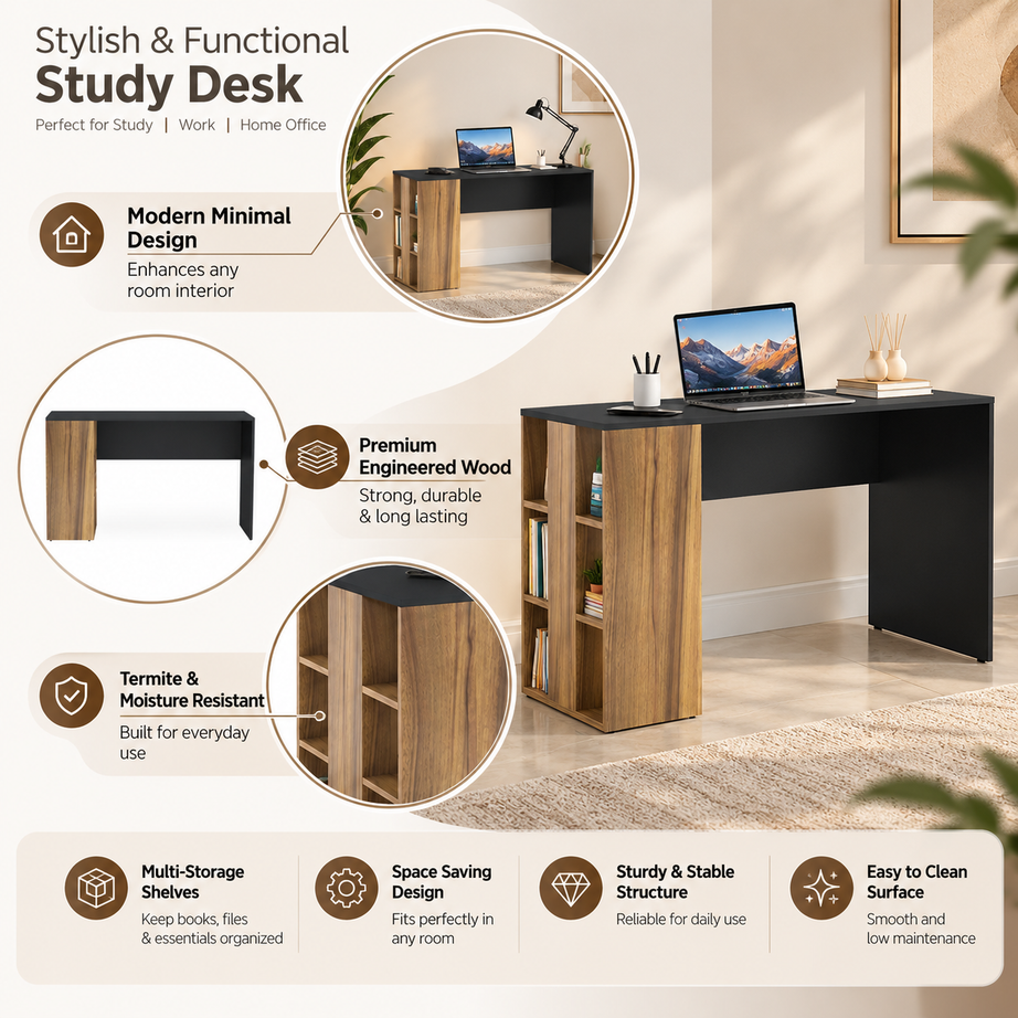 
KLAXON Computer Table & Study Desk for Home & Office | Modern Black & Walnut Engineered Wood Desk with Side Storage Shelves | Multipurpose PC Table, Writing Desk & Workstation