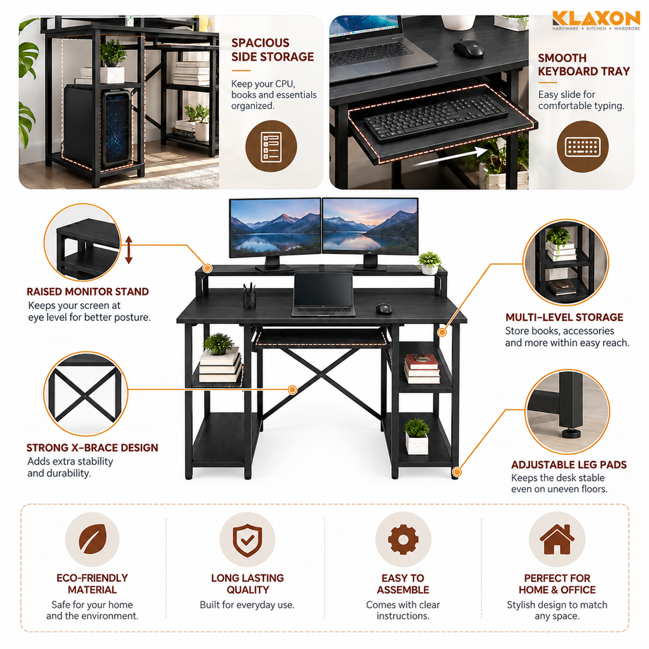 Klaxon Computer Table for Home Office with Keyboard Tray and Monitor Stand, Engineered Wood Study Table and Gaming Desk with Storage Shelves ( DIY )
