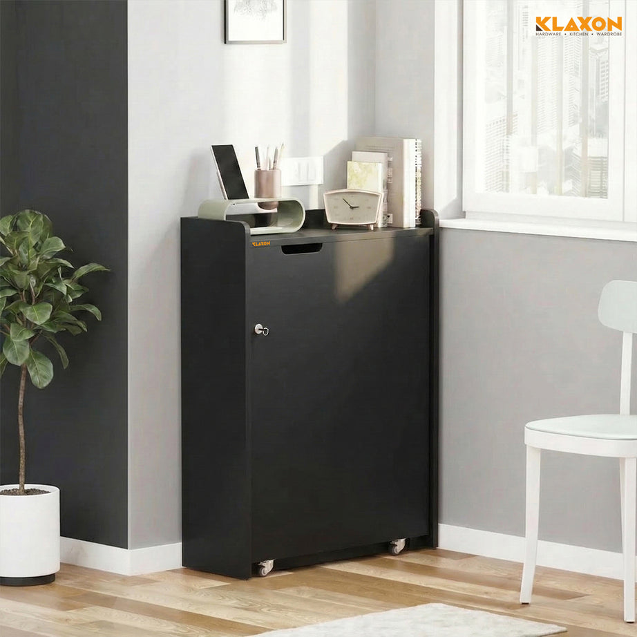 Klaxon Foldable Study Table with Drawer & Storage Shelf | Compact Desk for Home & Students | Folding Design with Lockable Wheels. (Black, DIY Installation)