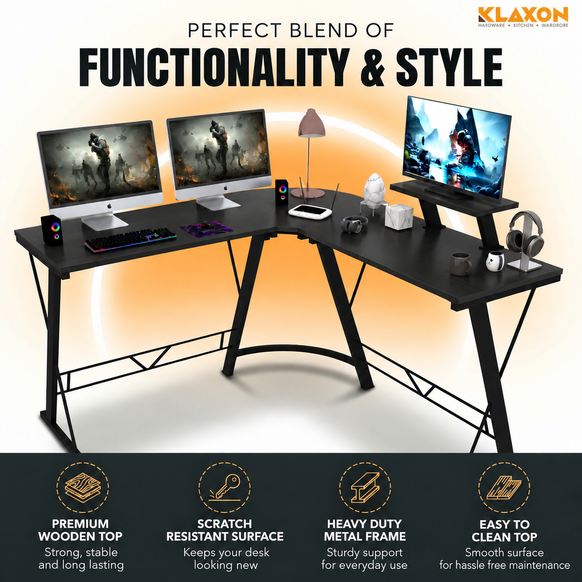 Klaxon Office Table for Home | Workstation Table Desk (FD - Christo) (Gaming Ironstone Black DIY)