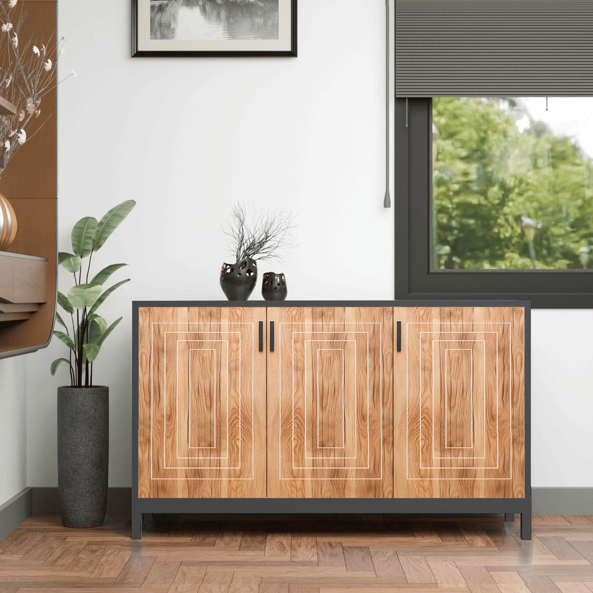 Klaxon Modern Shoe Cabinet with Cane Doors | Stylish Wooden Shoe Rack Organizer with Multiple Storage Shelves for Home Entryway (Oak & Black, Shoe Rack - 06)