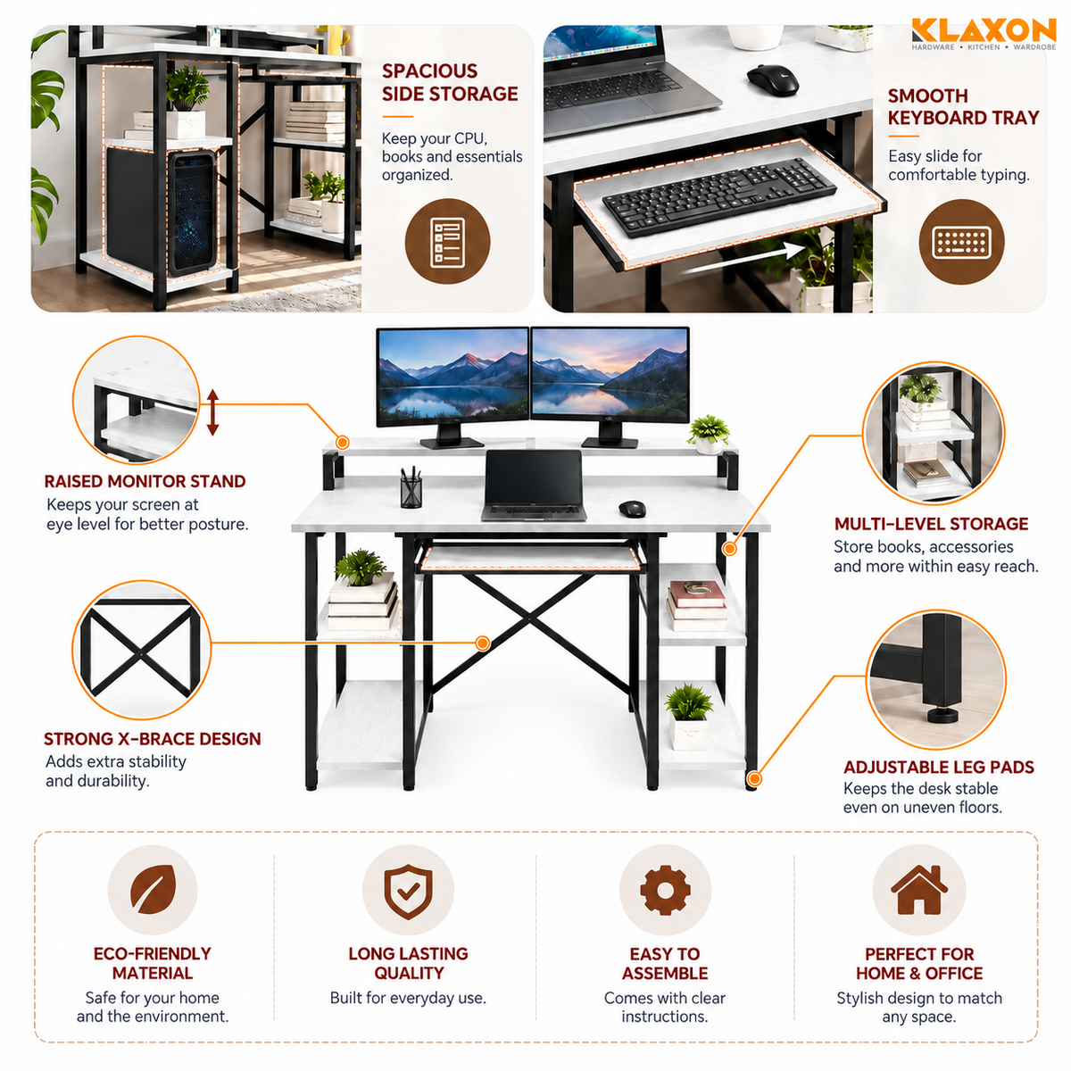 Klaxon Computer Table for Home Office with Keyboard Tray and Monitor Stand, Engineered Wood Study Table and Gaming Desk with Storage Shelves (150 CM - White DIY)