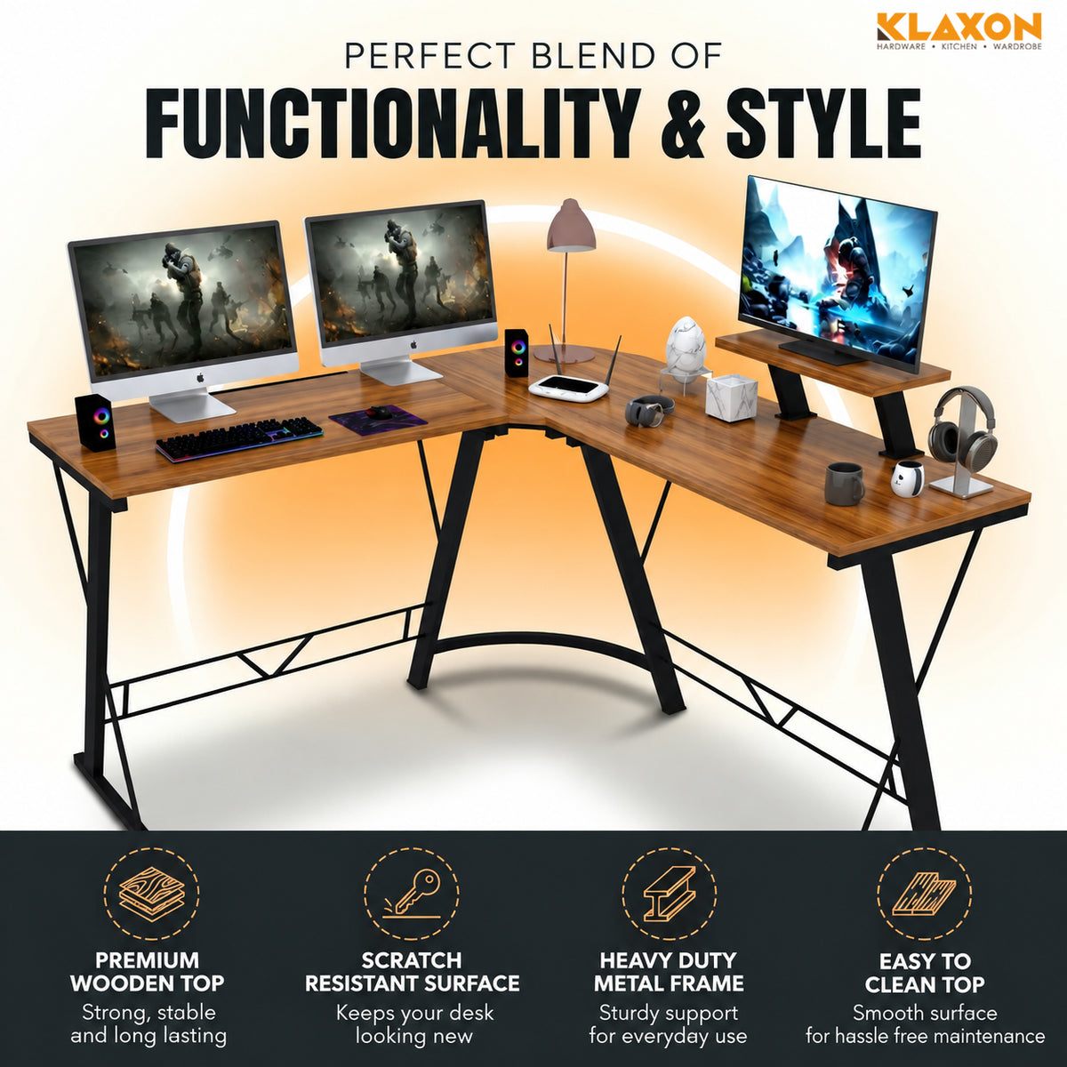 Klaxon Workstation Table for Home Office - Versatile Desk for PC Setup - Big Computer/Ideal Study Tabel with Storage and Bookshelf - Modern Office Desk for Work