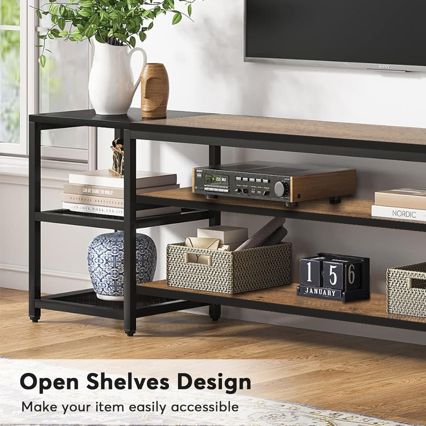 Klaxon TV Unit for Living Room | Long Metal TV wooden Stand for 55 inch and 43 inch | Entertainment unit for TVs up to 85 Inch | Tv Cabinet with Setup box (pele)