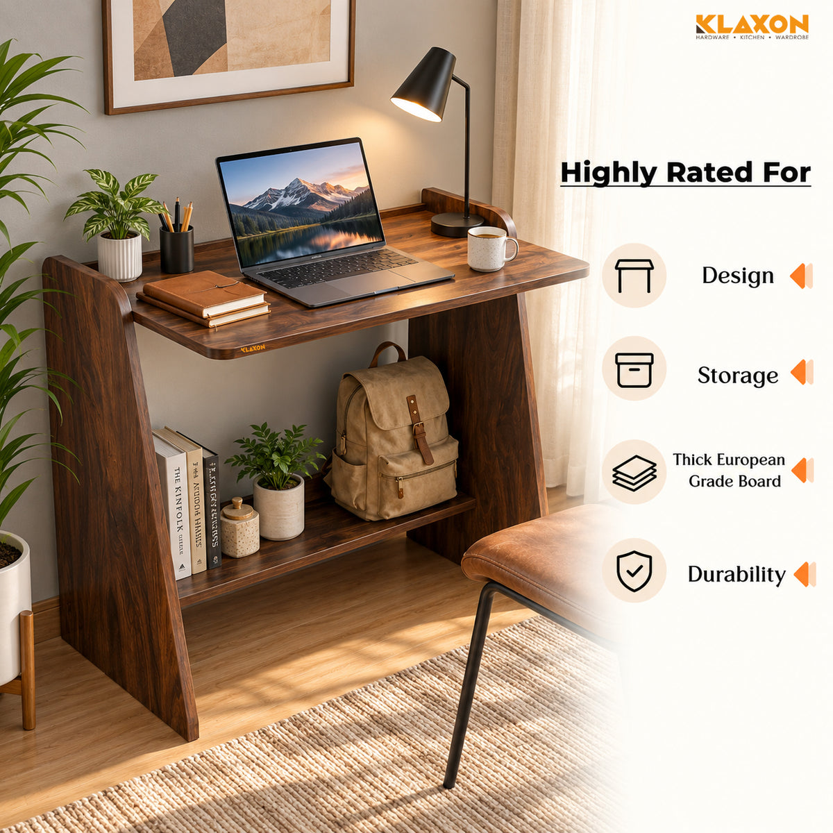 Klaxon Foldable Study Table with Drawer & Storage Shelf | Compact Desk for Home & Students | Folding Design with Lockable Wheels. (DIY Installation) (Asian walnut, Eros)