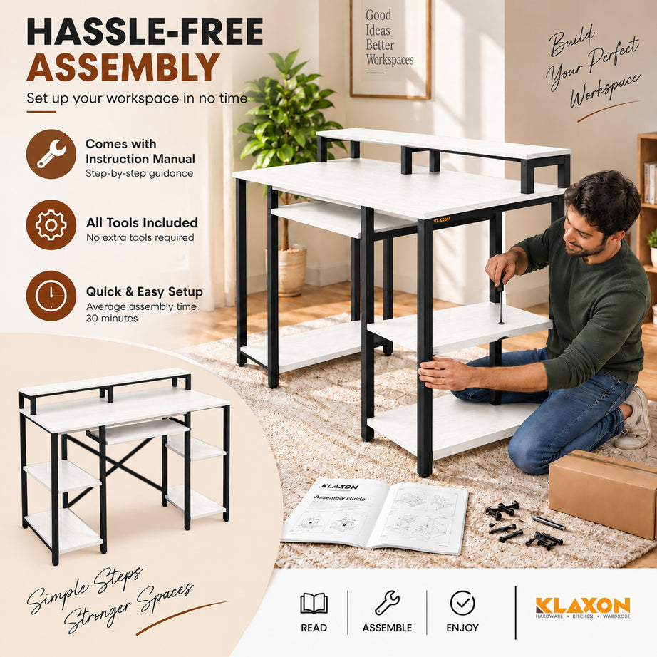 Klaxon Computer Table for Home Office with Keyboard Tray and Monitor Stand, Engineered Wood Study Table and Gaming Desk with Storage Shelves (120 CM - White DIY)
