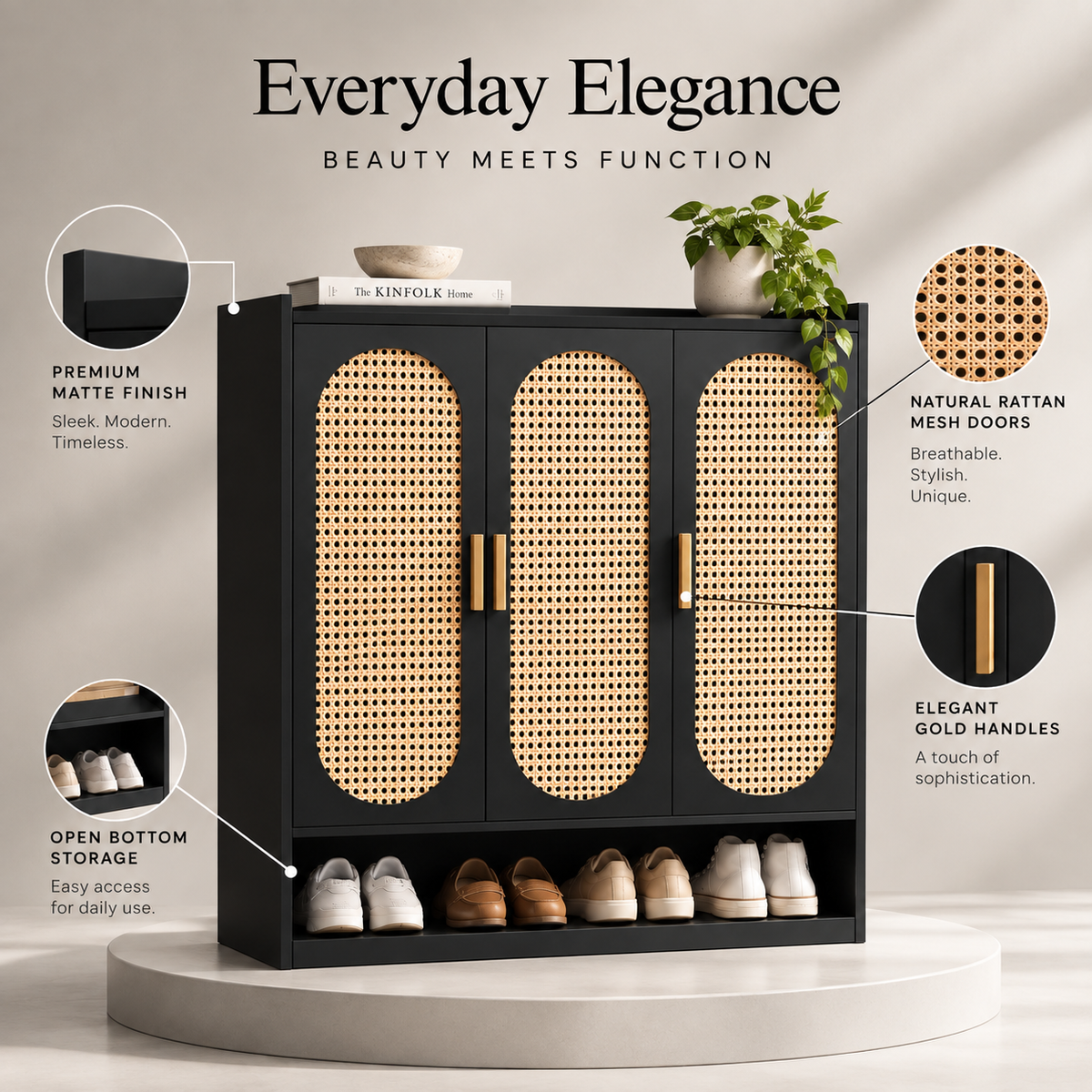Klaxon Modern Shoe Cabinet with Cane Doors | Stylish Wooden Shoe Rack Organizer with Multiple Storage Shelves for Home Entryway (Black, Shoe Rack - 08)