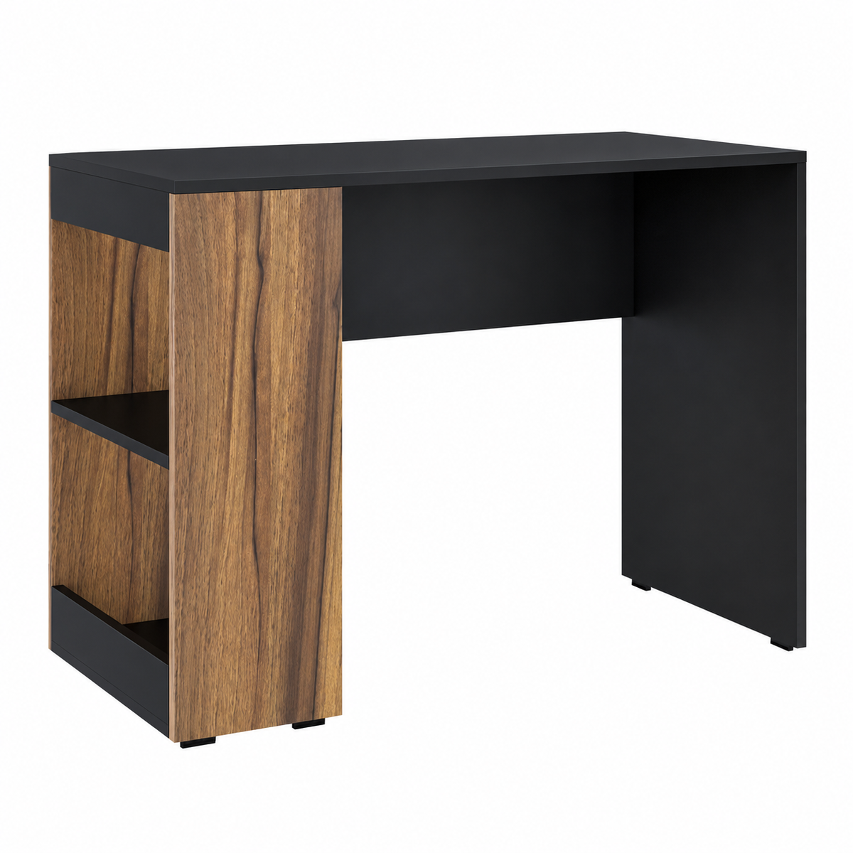 KLAXON Computer Table & Study Desk for Home & Office | Modern Black & Asian Walnut Engineered Wood Desk with Side Bookshelf & Storage Shelves | Multipurpose Laptop Table, Writing Desk & Workstation