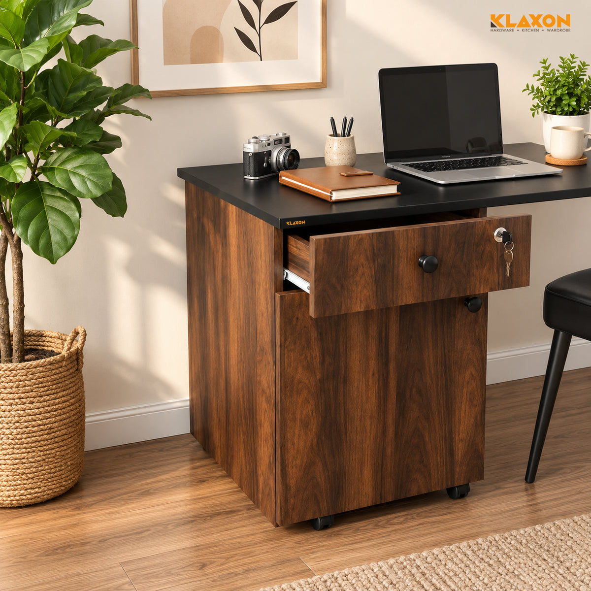 Klaxon Foldable Study Table with Drawer & Storage Shelf | Compact Desk for Home & Students | Folding Design with Lockable Wheels. (DIY Installation) (Aw & Black, Kora)