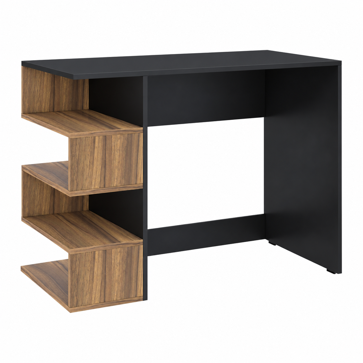 KLAXON Computer Table & Study Desk for Home & Office | Modern Black & Asian Walnut Engineered Wood Laptop Table with 4-Tier Open Bookshelf | Multipurpose Writing Desk & Workstation with Storage