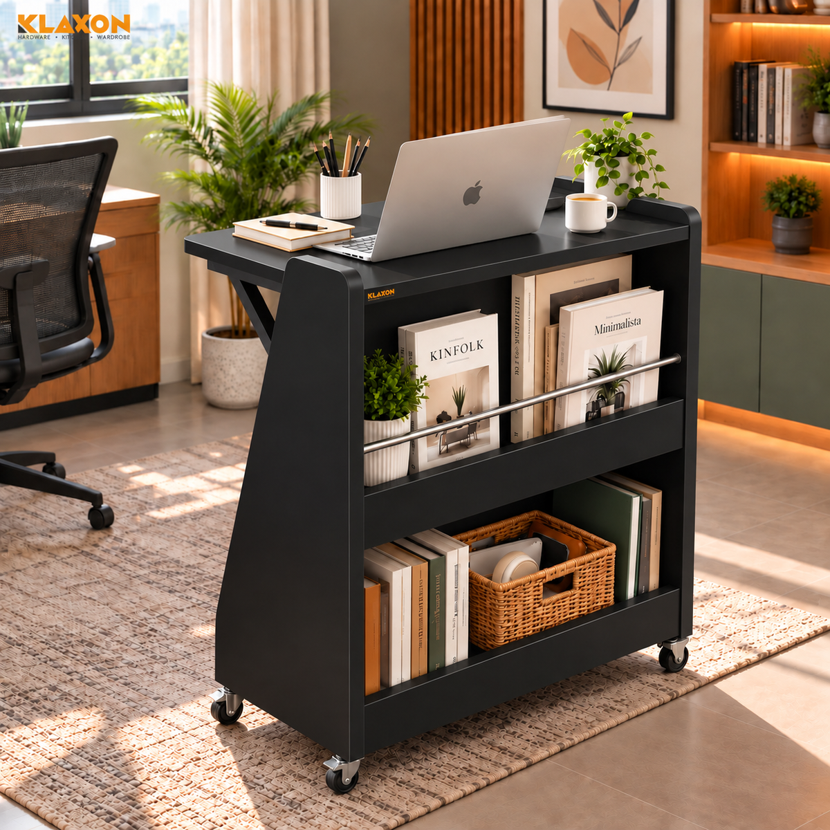Klaxon Foldable Study Table with Drawer & Storage Shelf | Compact Desk for Home & Students | Folding Design with Lockable Wheels. (Black, DIY Installation) (Black- New, Mylo)